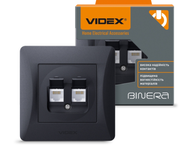 Videx Binera CAT6+CAT6 fekete színű fali informatikai csatlakozó aljzat