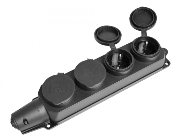 Videx Titanum fekete színű gumis 4-es elosztó dugaljzat,  fedéllel IP44 (1/40) 