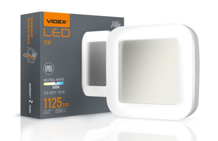 Videx Vika 15 W-os 190x190 mm négyzet alakú natúr fehér, fehér mennyezeti lámpa IP65-ös ...