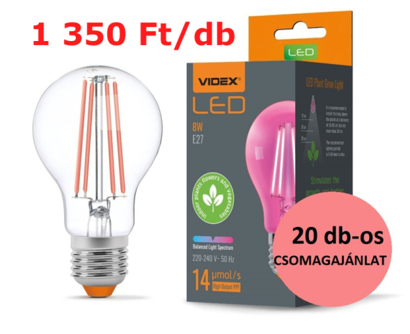 Videx Fito Filament szálas növénynevelő Led 20 db-os, 8 W-os, E27-es foglalattal ...