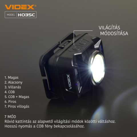 Videx LED Fejlámpa, natúrfehér újratölthető akkumulátorral H035C