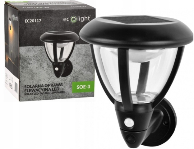 EcoLight Napelemes fali lámpa mozgásérzékelővel és alkonykapcsolóval SOE-3 