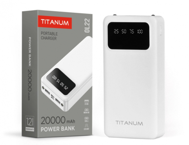 Videx TITANUM power bank, fehér színű, 20000mAh, OL22 