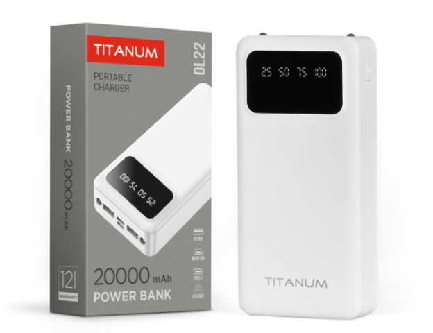 Videx TITANUM power bank, fehér színű, 20000mAh, OL22