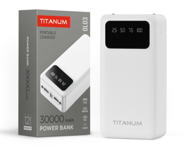 Videx TITANUM power bank, fehér színű, 30000mAh, OL03