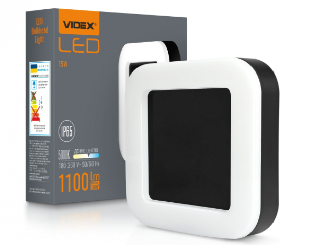 Videx Art 15 W-os 190x190 mm négyzet alakú natúr fehér, fekete mennyezeti lámpa IP65-ös védettségű
