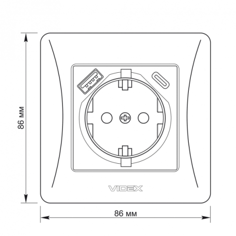 Videx Binera fekete színű süllyesztett földelt csatlakozó aljzat + 1-1 db USB csatlakozóval, USB-C csatlakozóval (20/120)