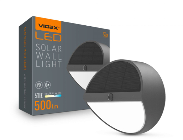 Videx napelemes fali lámpa, 5000K, beépített mozgásérzékelővel, 002-S 