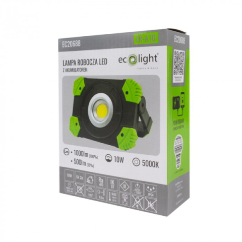 EcoLight 10 W-os, 5000K, újratölthető akkumlátoros LED reflektor