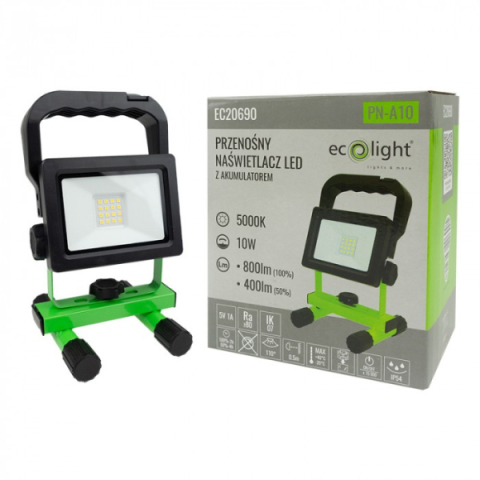 EcoLight 10 W-os natúrfehér hordozható LED reflektor, újratölthető akkumlátorral
