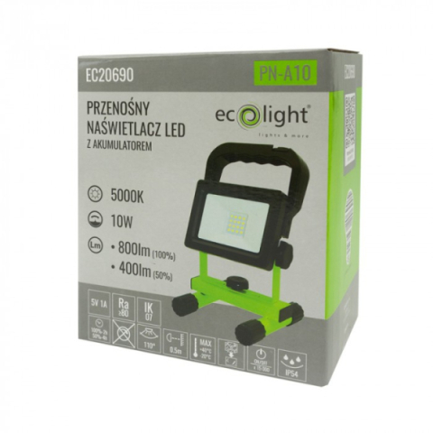 EcoLight 10 W-os natúrfehér hordozható LED reflektor, újratölthető akkumlátorral