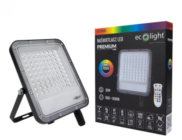 EcoLight 50 W-os RGB LED reflektor, távirányítóval, IP65 védettséggel 