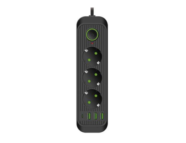 MasterLED Modi fekete színű 3-as hosszabító, 2m-es kábellel 3 x USB, 1 x USB-C