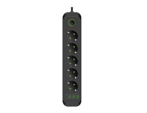 MasterLED Modi fekete színű 5-ös hosszabító kapcsolóval, 2m-es kábellel, 3 x USB + 1 x USB-C