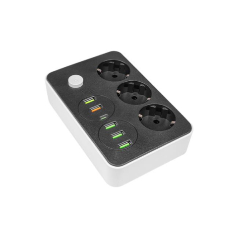 MasterLED Remo fekete/fehér színű 3-as hosszabító, 2m-es kábellel 5 x USB, 1 x USB-C