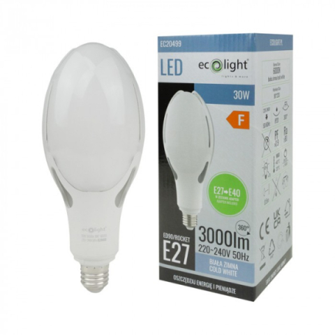 EcoLight Rocket 30W-os E40-es foglaltú LED izzó, 6000K, 3000lm