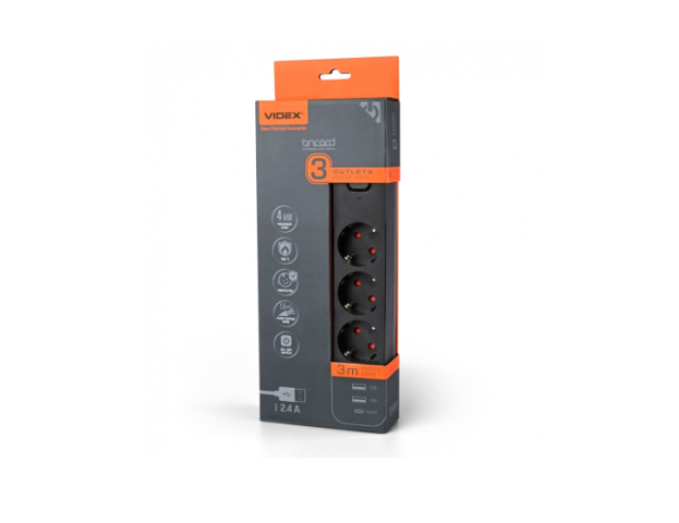 Videx Oncord fekete színű 3-as hosszabbító kapcsolóval, 3m-es kábellel, 2 x USB + 1 x USB-C
