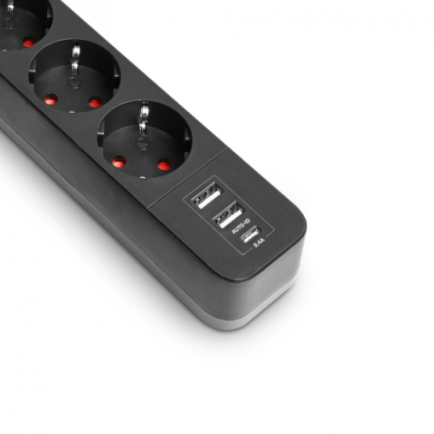 Videx Oncord fekete színű 3-as hosszabbító kapcsolóval, 3m-es kábellel, 2 x USB + 1 x USB-C