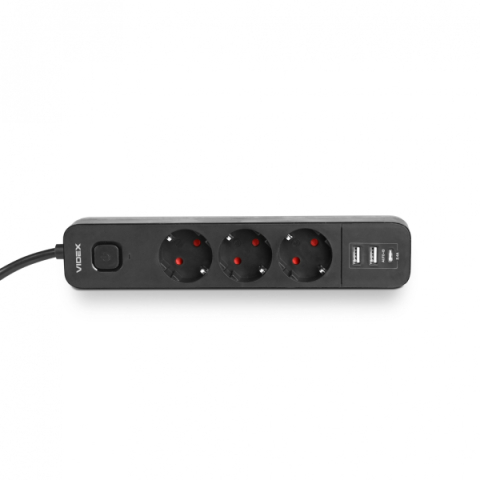Videx Oncord fekete színű 3-as hosszabbító kapcsolóval, 3m-es kábellel, 2 x USB + 1 x USB-C