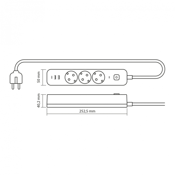 Videx Oncord fekete színű 3-as hosszabbító kapcsolóval, 3m-es kábellel, 2 x USB + 1 x USB-C