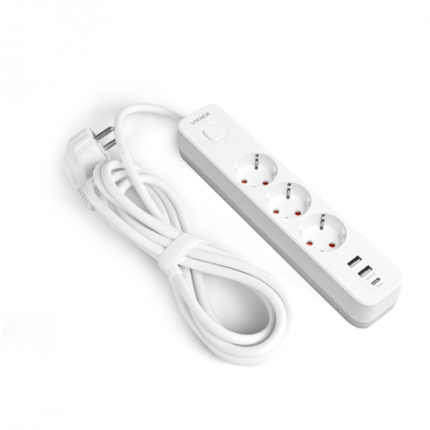 Videx Oncord fehér színű 3-as hosszabbító kapcsolóval, 3m-es kábellel, 2 x USB + 1 x USB-C