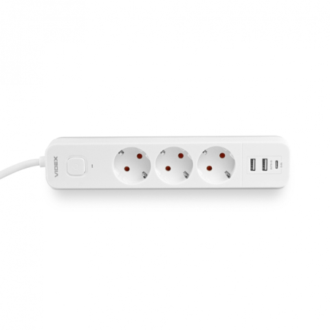 Videx Oncord fehér színű 3-as hosszabbító kapcsolóval, 3m-es kábellel, 2 x USB + 1 x USB-C