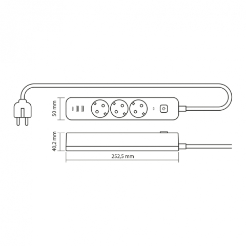 Videx Oncord fehér színű 3-as hosszabbító kapcsolóval, 3m-es kábellel, 2 x USB + 1 x USB-C
