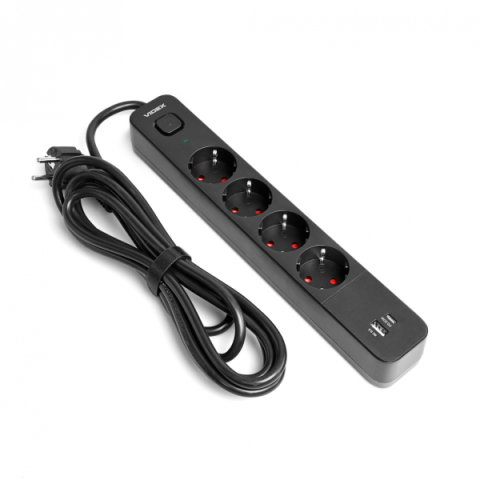 Videx Oncord fekete színű 4-es hosszabbító kapcsolóval, 3m-es kábellel, 1 x USB + 1 x USB-C