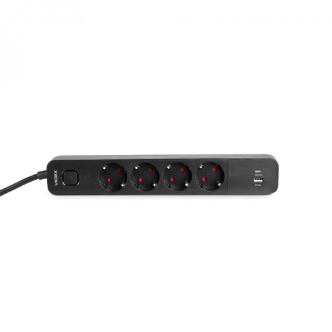 Videx Oncord fekete színű 4-es hosszabbító kapcsolóval, 3m-es kábellel, 1 x USB + 1 x USB-C