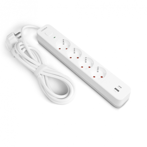 Videx Oncord fehér színű 4-es hosszabbító kapcsolóval, 3m-es kábellel, 1 x USB + 1 x USB-C