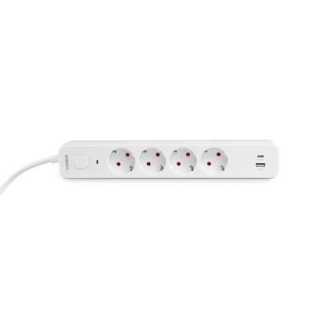 Videx Oncord fehér színű 4-es hosszabbító kapcsolóval, 3m-es kábellel, 1 x USB + 1 x USB-C