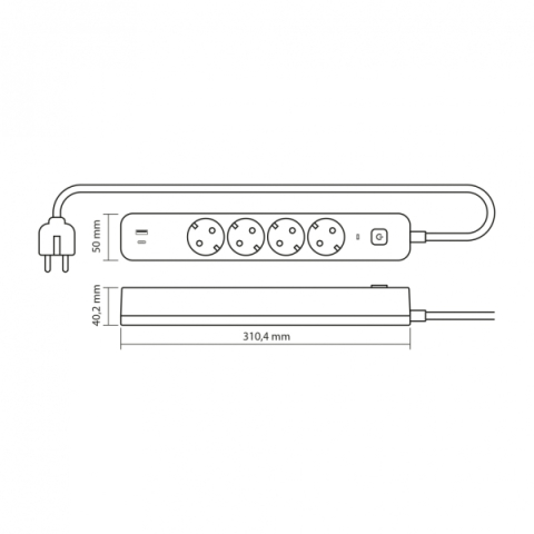 Videx Oncord fehér színű 4-es hosszabbító kapcsolóval, 3m-es kábellel, 1 x USB + 1 x USB-C
