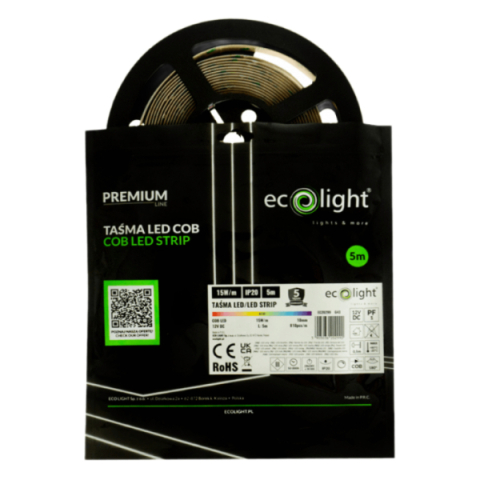 EcoLight COB led szalag RGB, 810 lm/méter, 15 W/méter, 12 V, IP20, 5m / tekercs