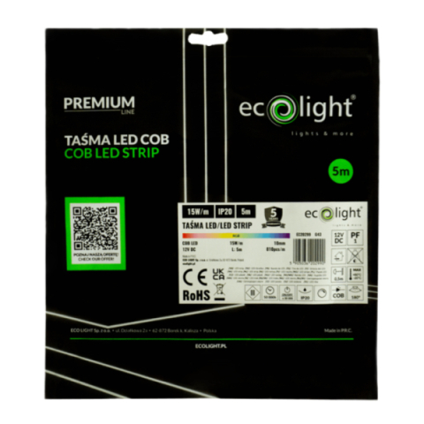 EcoLight COB led szalag RGB, 810 lm/méter, 15 W/méter, 12 V, IP20, 5m / tekercs